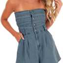 Mandonce Denim Jumpsuit For Women Sleeveless One Shoulder Pleated Button Down Tube Top High Waist Shorts Denim Romper Sexy (Medium, Blue)