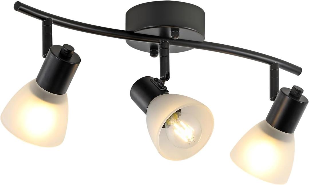 KEESFU 3 Light Track Lighting Fixtures Ceiling,Adjustable Directional Ceiling Lights with Glass Shade,Industrial Ceiling Spotlight for Kitchen Over Sink Bedroom Hallway Living Room,E12base.