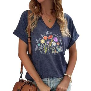 Teacher Shirts for Women Teach Them Love Them Watch Them Grow Wildflower T-Shirt Summer Inspirational Tops Teacher Gifts(Navy-5,M)