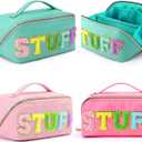 3Pcs Stoney Clover Preppy Makeup Bag, Stuff Bag Travel Makeup Cosmetic Bag, Chenille Letter Patch Open Flat Nylon Pouch, Mixed