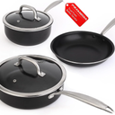 PRAMEDIA 5PC Induction Cookware Set with Tempered Glass Lids, Ultra Nonstick Pots and Pans Set with Stainless Steel Handle, Oven Safe and Dishwasher Safe, Non Toxic & Granite Cooking Set, Black