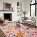 Area Rug 9x12, Washable Large Rugs for Living Room, Non Slip 0.27" Low Pile Vintage Floral Large Carpet for Bedroom, Dining Room, Kids Playroom (Pink)