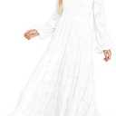 MITILLY Women's Elegant Floral Long Sleeve Round Neck Smocked A-Line Flowy Tiered Maxi Dress with Pockets M