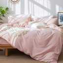 MooMee Bedding Duvet Cover Set 100% Washed Cotton Linen Like Textured Breathable Durable Soft Comfy (Pale Pink, Super King 108"x98")