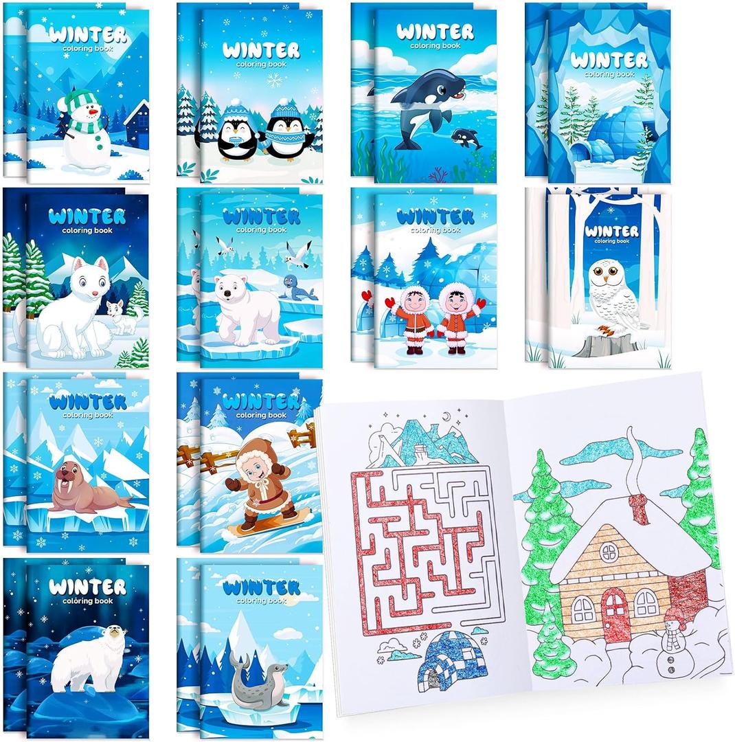 BenLouis 24 Pcs Winter Mini Coloring Books Kids Polar Animals Penguin Party Favors Small Activity Books Bulk for Kids Winter Holiday Theme Birthday Goodie Bags Stuffers Return Gifts Classroom Travel