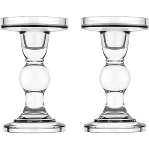 2Pcs Glass Candle Holders,Crystal Glass Candle Holder,Clear Pillar Taper Candlestick for Wedding, Party, Holiday Decoration (Lager)