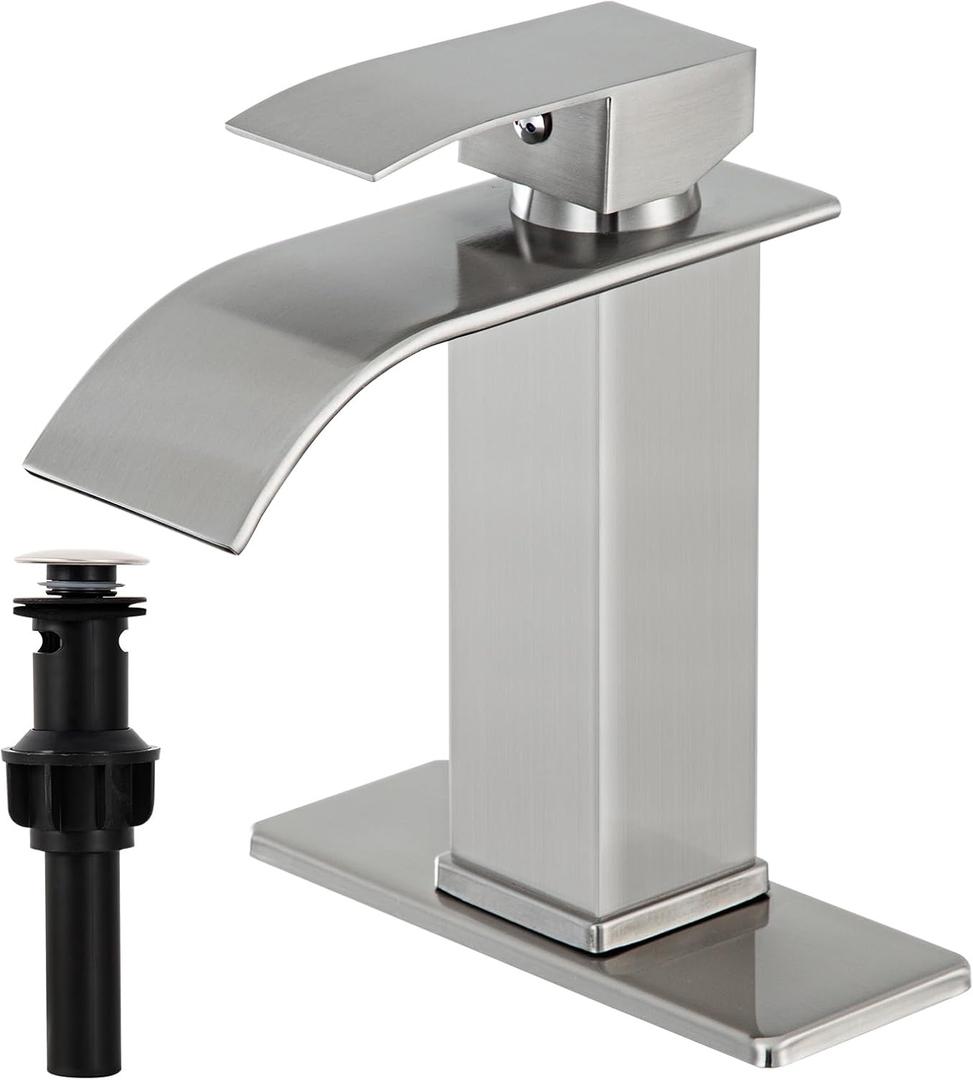 Gappo Waterfall Spout Bathroom Faucet Single Handle Bath Vanity Sink Faucet with Deck Mount,Water Supply Hoses Included (7.5 inch with Pop Up Drain,Nickel)