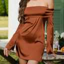 HYPERFIRE Women's Elegant Satin Off The Shoulder Long Sleeve Mini Dress Tie Back Wedding Cocktail Dresses (Brown)