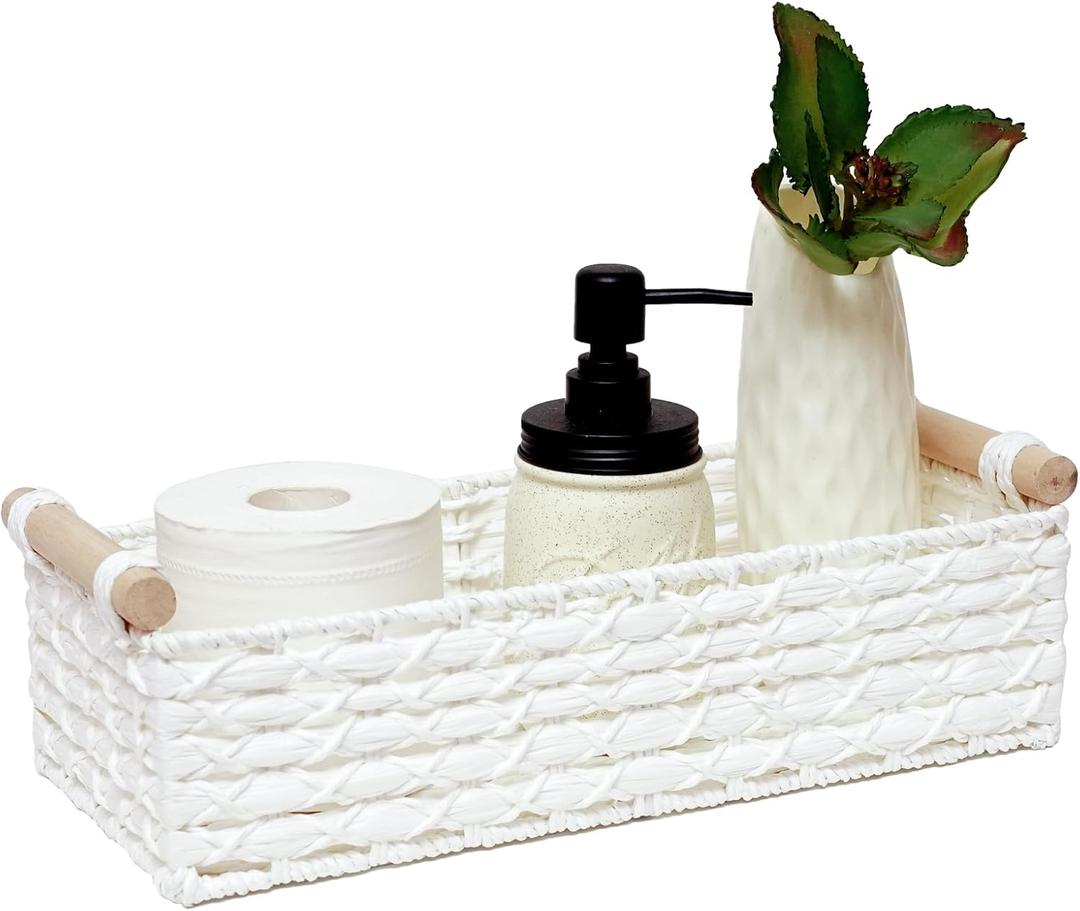 Small Storage Basket Wicker Baskets for Organizing with Handle Decorative Storage Bins for Countertop Toilet Paper Basket for Toilet Tank Top Small Baskets Set,White