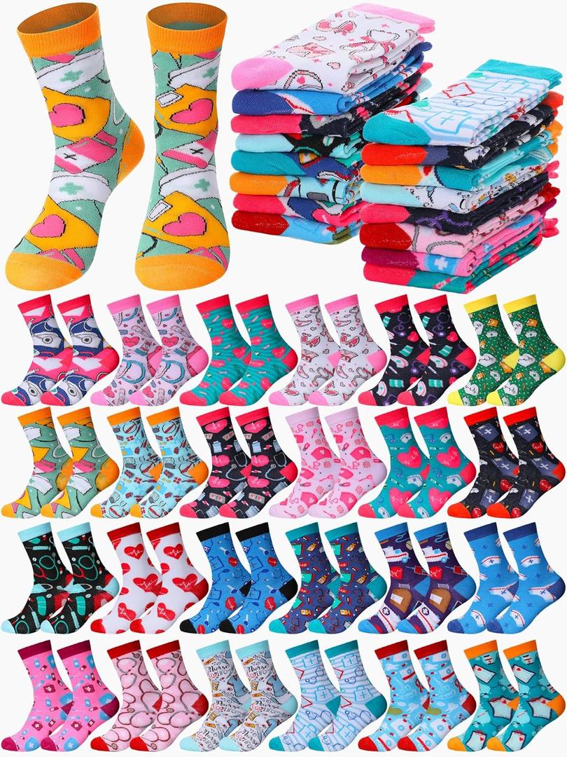 JenPen 24/48/72 Pairs Nurses' Week Appreciation Gifts Nurse Novelty Crew Socks Bulk for Doctor Dental Medical Assistant
