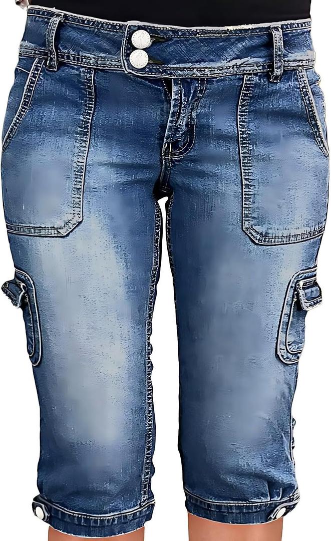 Flamingals Women's Star Flap Pocket Side Vintage Summer Low Waist Skinny Cargo Capris Jeans (Blue, XL)