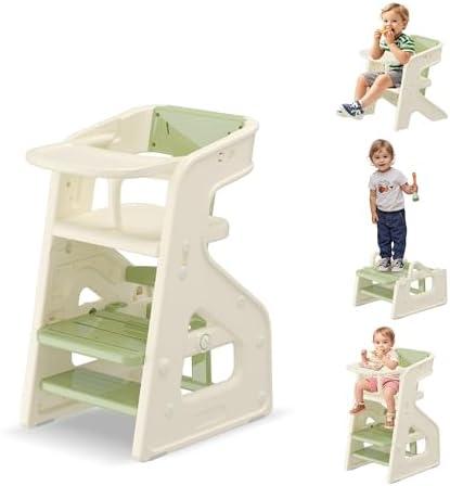 hoopyosms 3-in-1 High Chair for Babies Kids Convertible HighChair Toddlers Adjustable Height Kitchen Step Stool for Sink Kids Chair Removable Tray Ideal for Dining Kitchen and Bathroom Use, Green