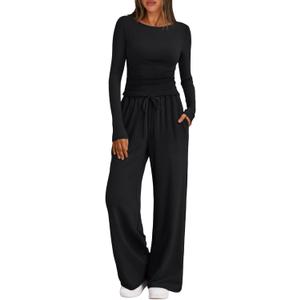 Trendy Queen Women's 2 Piece Matching Lounge Set Boat Neck Slim Fitted Top Wide Leg Pants Casual Tracksuits (Large, Black)