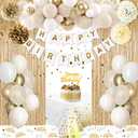 Golden Birthday Party Decorations, Gold Party Decorations, White and Gold Balloons Happy Birthday Banner Tablecloth Fringe Curtain Paper Pom Poms Kids Women Men Girls Boys Birthday Golden Bday Decor