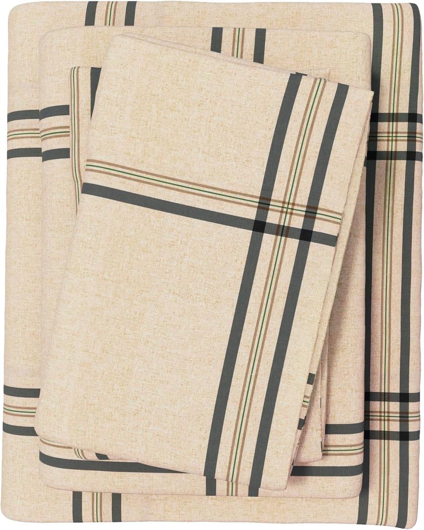 Great Bay Home Flannel Sheets Queen Size - 100% Turkish Cotton, Double-Brushed, Plaid and Stripe Bed Sheet Set - Ultra-Soft, Cozy, 4-Piece Bedding Set (Wide Plaid Blue & Tan)