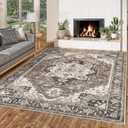 Washable Living Room Area Rug - 8x10 Large Bedroom Rug Distressed Oriental Non-Slip Non-Shedding Print Floor Carpet for Dining Room Kitchen (Beige, 8 x 10)