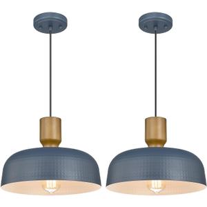 Darkaway Pendant Light Fixtures Ceiling Hanging with Hammered Metal Shade, Modern Pendant Light for Kitchen Island Lighting Hanging Lamp Adjustable Height, Medium 2 Pack (Blue)