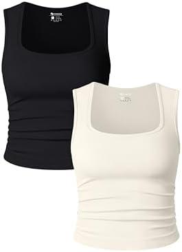 OQQ Womens 2 Piece Crop Tops Rueched Sleeveless Square Neck Stretch Basic Tank Shirts Medium, Black/Beige  OQQ Womens 2 Piece Crop Tops Rueched Sleeveless Square Neck Stretch Basic Tank Shirts Medium, Black/Beige