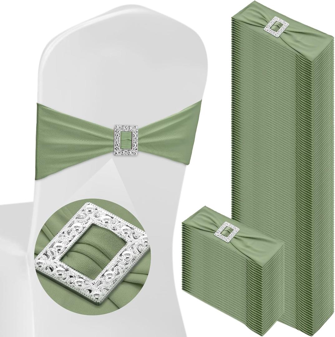100 Pcs Spandex Chair Sashes with Square Buckle Slider Stretch Chair Cover Band Universal Elastic Ties Straps Bows for Wedding Banquet Event Party Decoration(Sage Green)