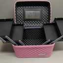 Sooyee Makeup Bag Cosmetic Bag with Mirror, 4 Layer Foldable Tray Makeup Organizer Open to the Sides, Makeup Travel Bag for Women, Train Case, Pink