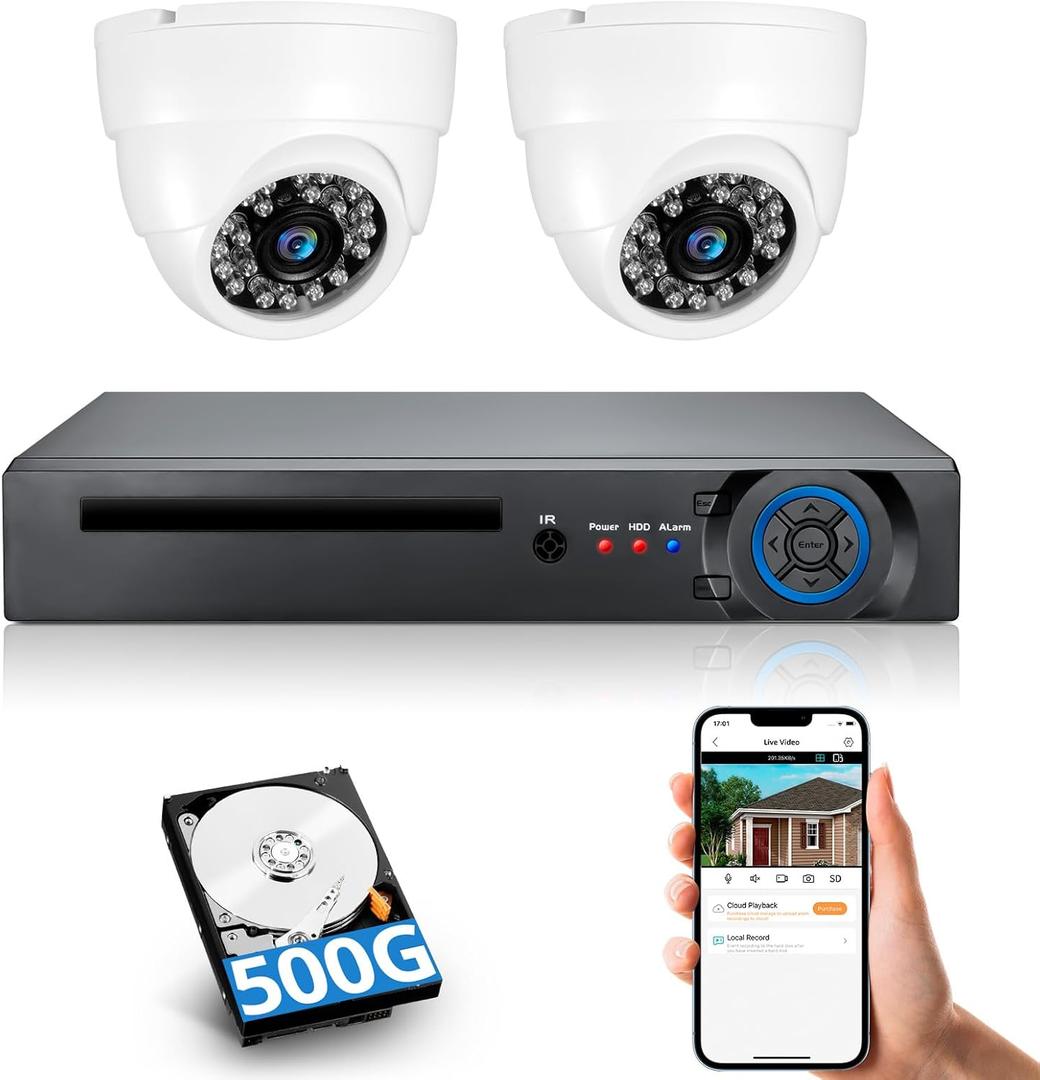 Fuers 8CH H.265+ Surveillance Security Camera System with AI Human Detection, 2 x 2592TVL 5MP Wired IP66 Dome Cameras for Indoor Use, 500G Hard Drive Included,Email Alert,Mobile APP & PC Remote