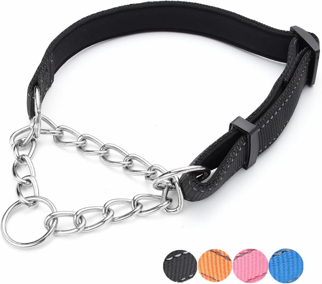 Martingale Dog Collars Adjustable Soft Nylon Reflective Collars with Stainless Steel Chain Walking Training Collars Heavy-Duty Puppy Chain Collars for Small,Medium,Large Dogs(Black,M) (M-(dog's neck15-19inches))