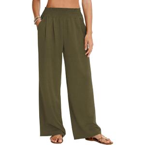 LOMON Womens Elastic High Waisted Palazzo Pants Casual Wide Leg Long Beach Vacation Trousers with Pockets