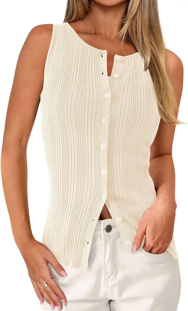 PRETTYGARDEN Women's Ribbed Tank Tops Summer 2025 Open Front Button Down Sleeveless Shirts Going Out Spring Fashion Vest Tops(Apricot, Small)