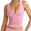 YFANG Women's Summer Deep V-Neck Ruched Crop Tank Top Sexy Sleeveless Double Lined Crop Top Pink Large
