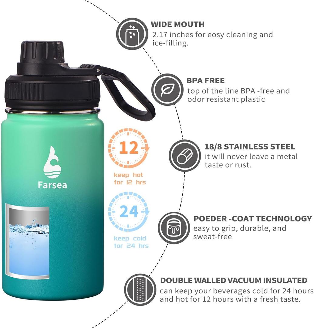 Farsea Insulated Water Bottle With Paracord Handle, Protective Silicone Boot and 2 Lids (Straw Lid & Spout Lid), Stainless Steel Water Bottle Wide Mouth, Double Wall Sweat-Proof BPA-Free,12 oz (Mint/Green)