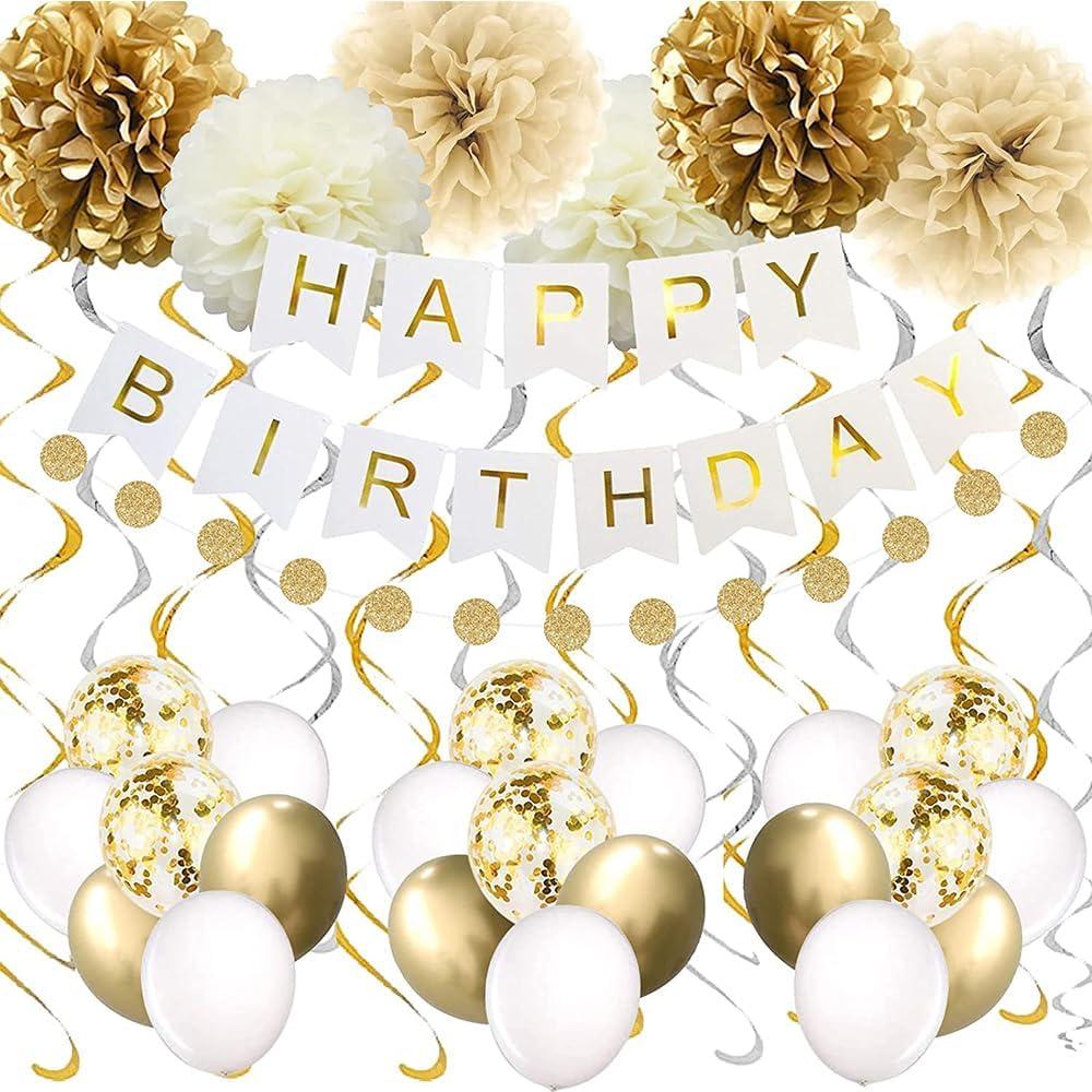 Gold Party Decorations - Happy Birthday Banner, 16th 18th 21th 30th 40th 50th 60th 70th White Supplies Balloons