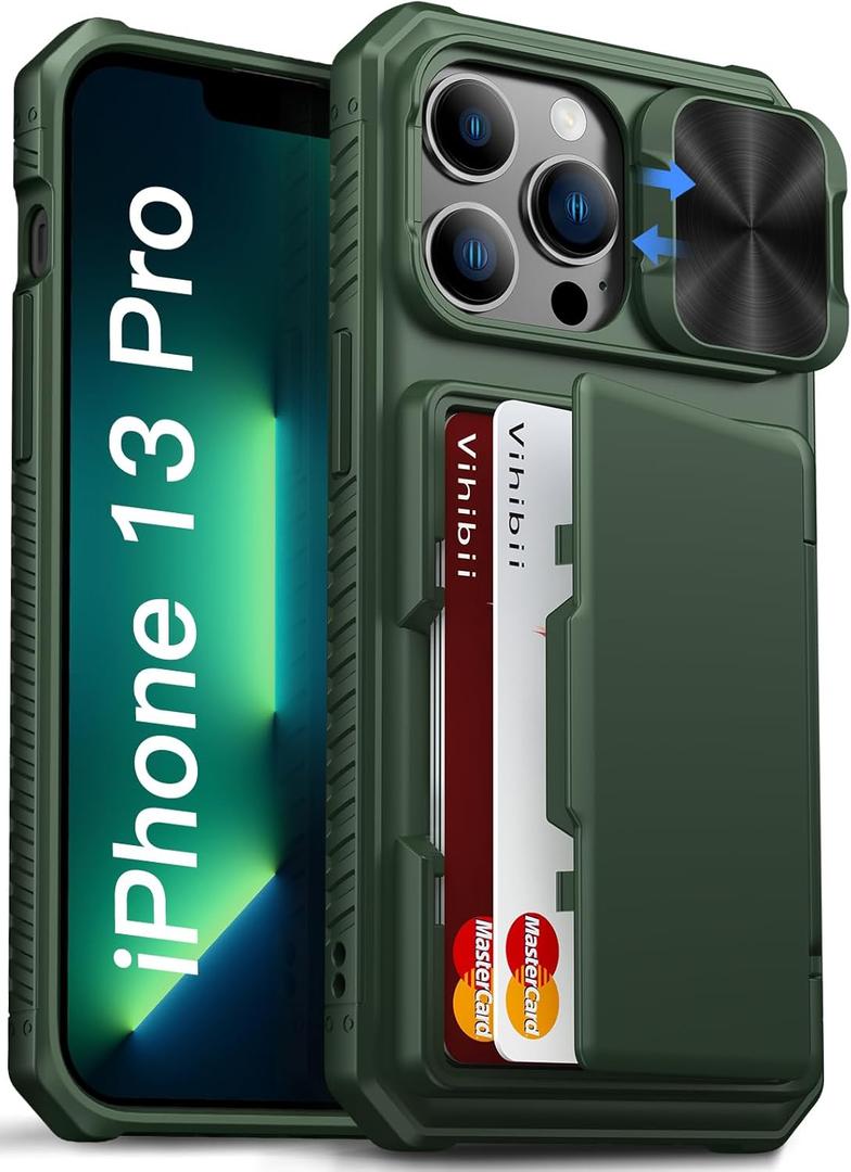 Vihibii for iPhone 13 Pro Wallet Case with Card Holder (4 Cards), [RFID Blocking] & Slide Camera Cover & Raised Edges Protect Screen, Shockproof Rugged Phone Cover for iPhone 13 Pro, 6.1", Green