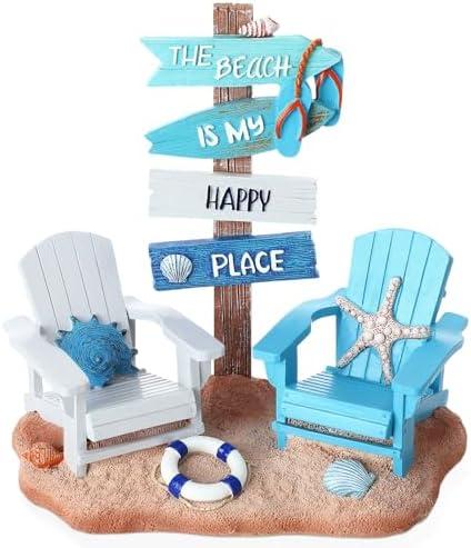 Wonderjune Beach Chair Resin Figurine 7x7 Inch Nautical Summer Decor with Adirondack Chairs and Sign Blue Beach House Tabletop Decoration for End Table Mantle or Housewarming Gift(Coastal)