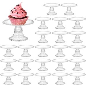 Hacaroa 24 Pcs Mini Cake Plate Stand, Plastic Single Cupcake Holder Serving Plate, Clear Small Dessert Display Stand Tray for Chocolate, Fruits, Baby Shower, Wedding, Birthday, Party