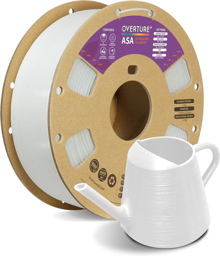 OVERTURE ASA Filament 1.75mm, 1kg Spool (2.2lbs) 3D Printer Filament, Premium Anti-UV, ASA Filament Perfect for Printing Outdoor Functional Parts, Dimensional Accuracy +/- 0.02 mm (White)