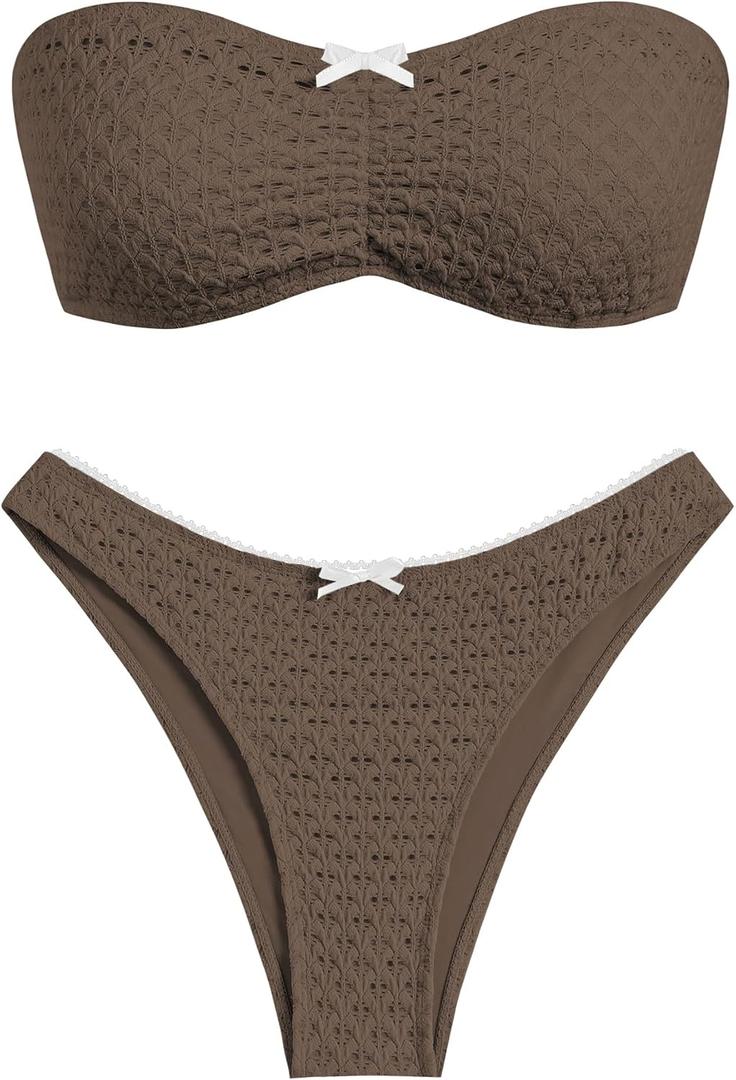 ZAFUL Women's Strapless Bikini Openwork Textured Bow Ruched Lace Up High Cut Bandeau Swimsuit Bathing Suits (Medium, 0-a-coffee)
