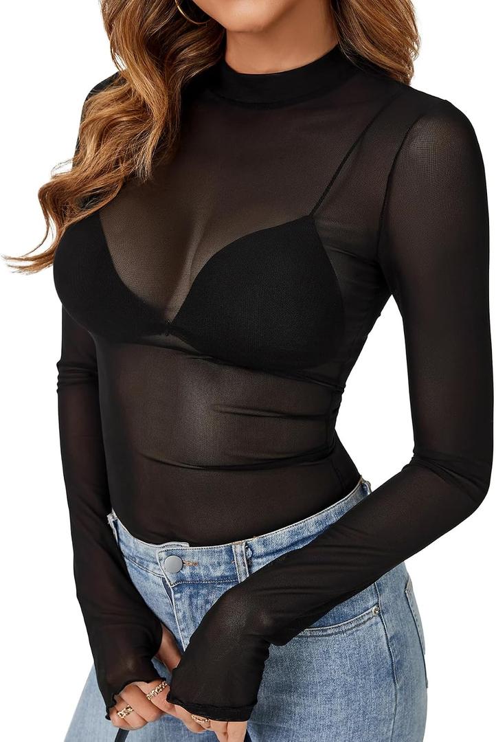 KIFOVEN Women’s Sheer Mesh Top Long Sleeve Mock Neck See Through Sexy Bodycon T Shirt Blouse Clubwear Black Large