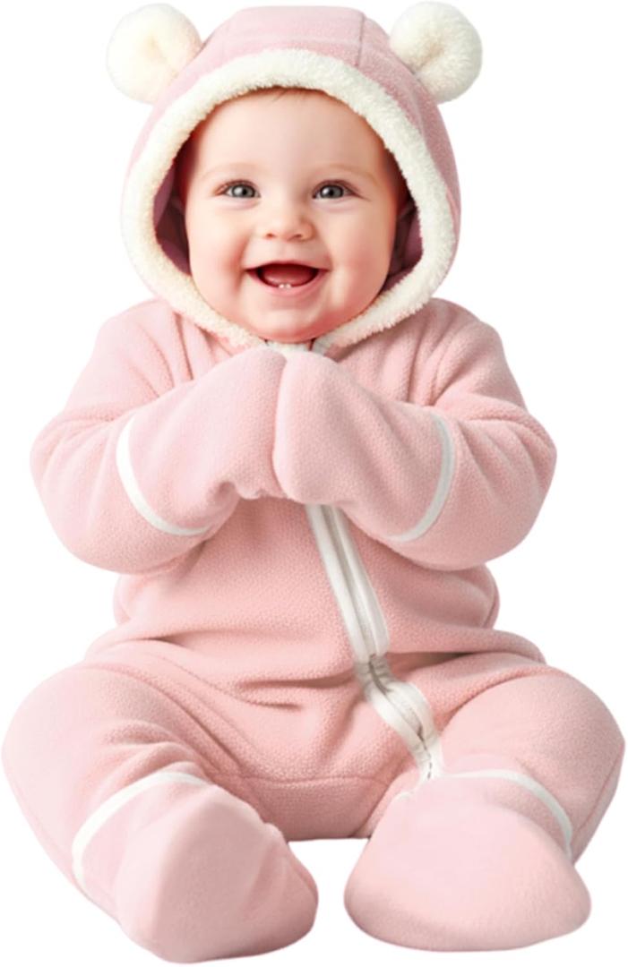 PATPAT Fleece Hooded Footed Clothes, Soft Warm Footie Covers, Car Seat Friendly, Easy Zip,Cute Romper Newborn Infant Jumpsuit (0-3 Months, Bear Blush)