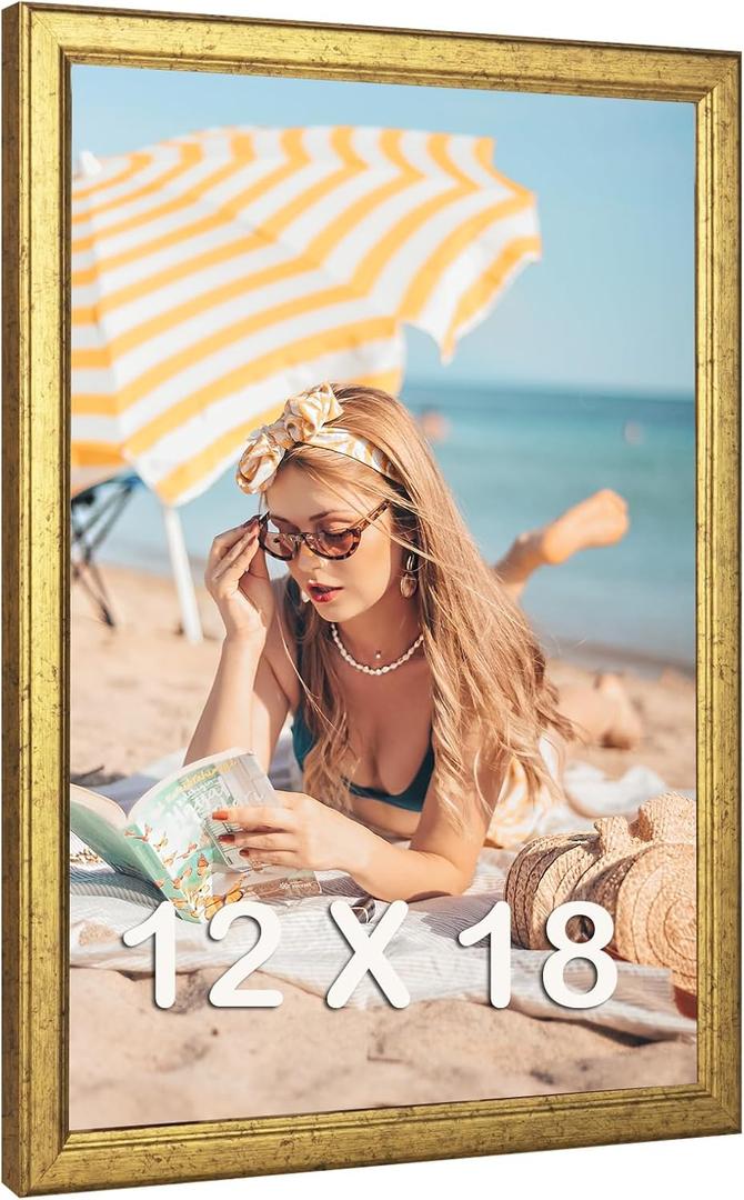 Wood 12x18 Frame Gold, Ornate Natural 18x12in Poster Picture Frame, Modern Golden 12 x 18inch Gallery Wall Photo Frame with HD Plexiglass, Horizontal Vertical Wall Mounting Display 1pcs
