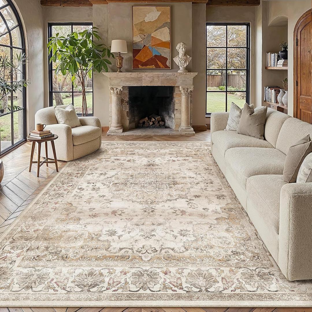 PureCozy Beige Area Rug 10x12 Living Room Vintage Floral Non-Slip Carpet