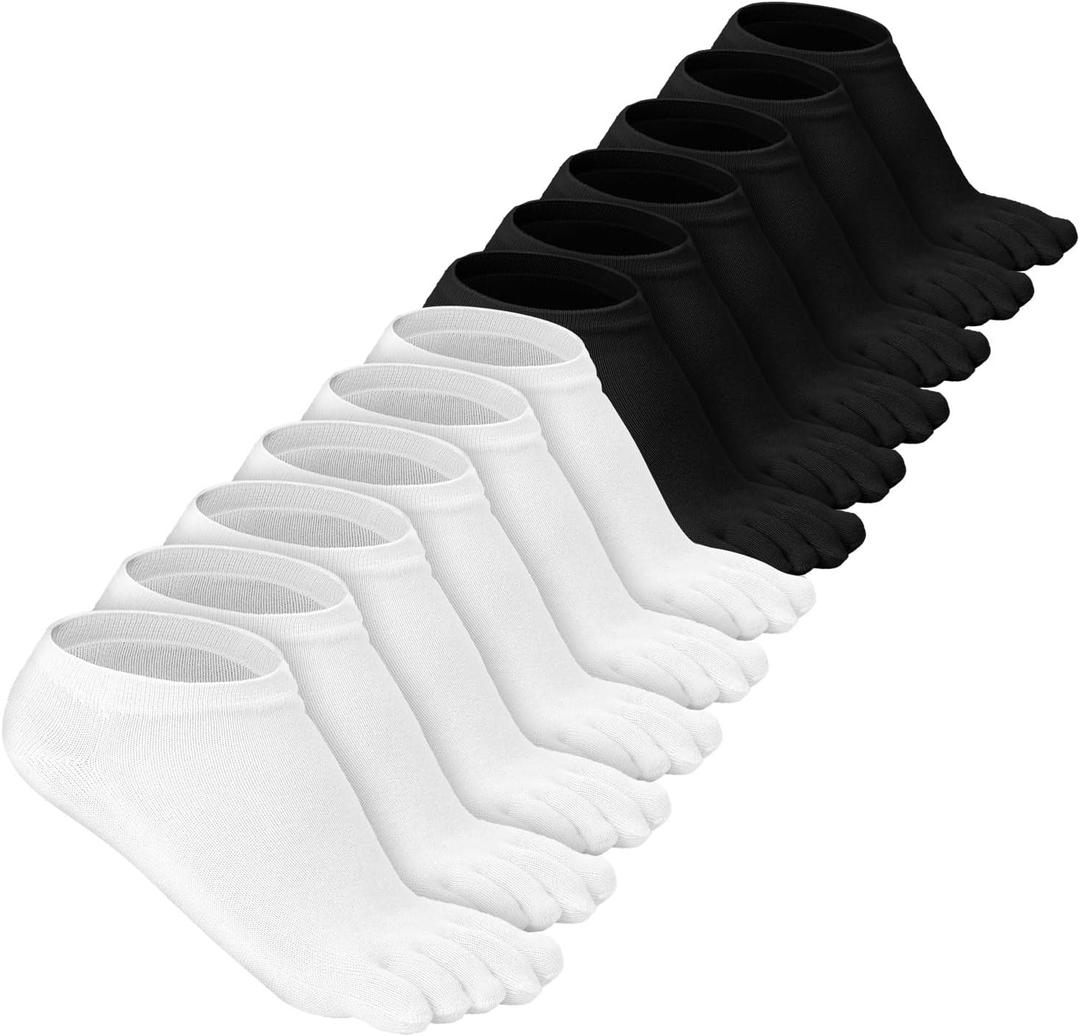 Bencailor 6 Pairs Women Toe Socks Cotton Compression Anklelow Cut Five Toe Sock for Women Men Kids Athletic Running(Black, White, 5-9)