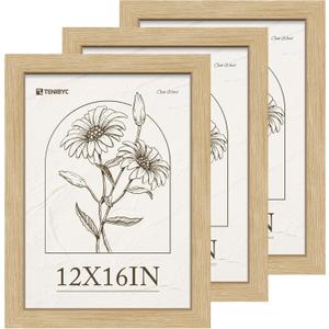 12x16 Oak Picture Frame 3 Pack, Natural Wood Grain, HD Tempered Glass, Wall Hanging