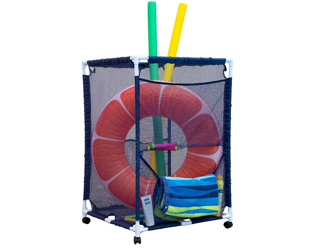 Essentially Yours Rolling Pool Storage Organizer Bin, Medium, (25.4" W x 25.4" L x 40" H), Blue / White Style 417227