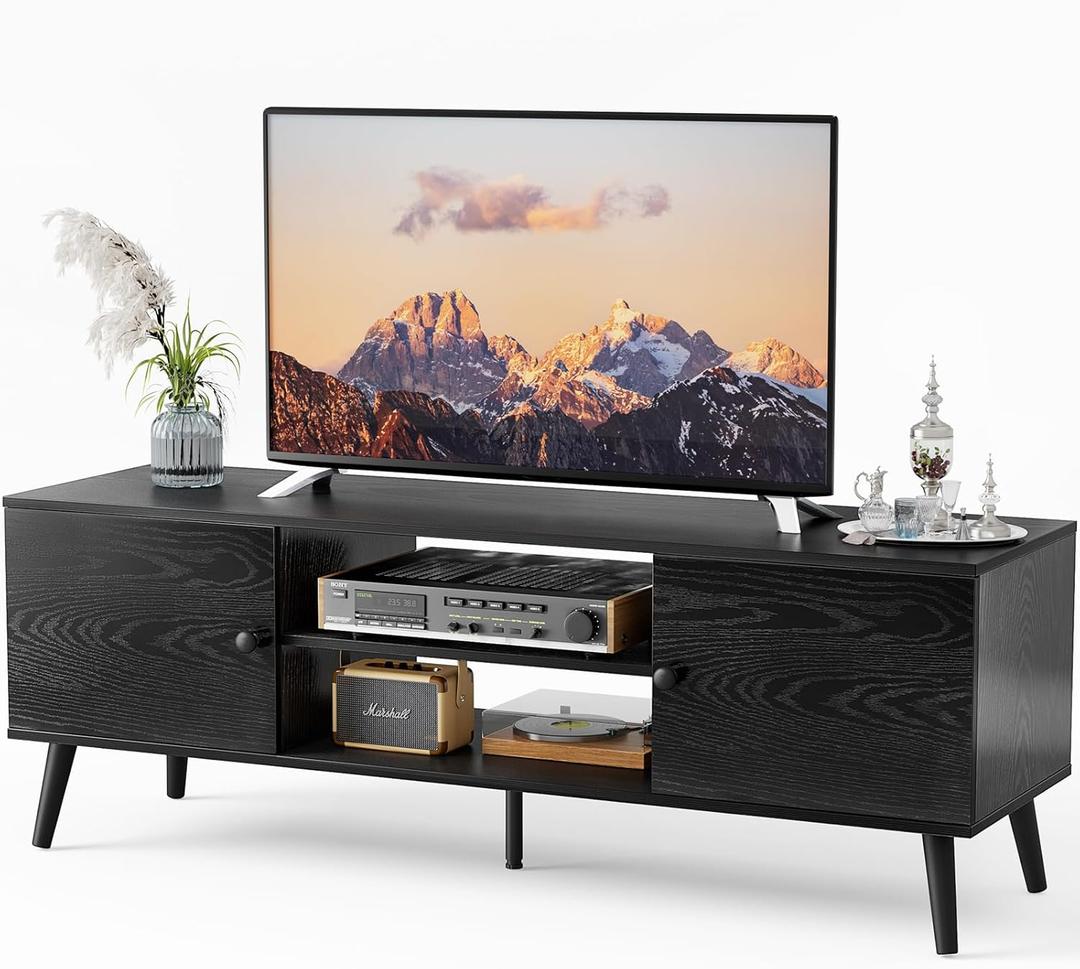 TV Stand for up to 60 inch TVs, Wooden TV Entertainment Center with Storage Cabinet and Soft Hinge Door, Modern TV Media Console Table for Living Room Bedroom Office Furniture, Black