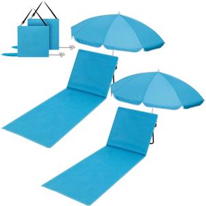 2 Set Beach Chairs with Umbrella Portable Beach Lounger Lightweight Foldable Outdoor Lounger Chair for Adult Outdoor Travel Sunbathing Camping Easy to Fold and Carry(Blue,Simple Style)