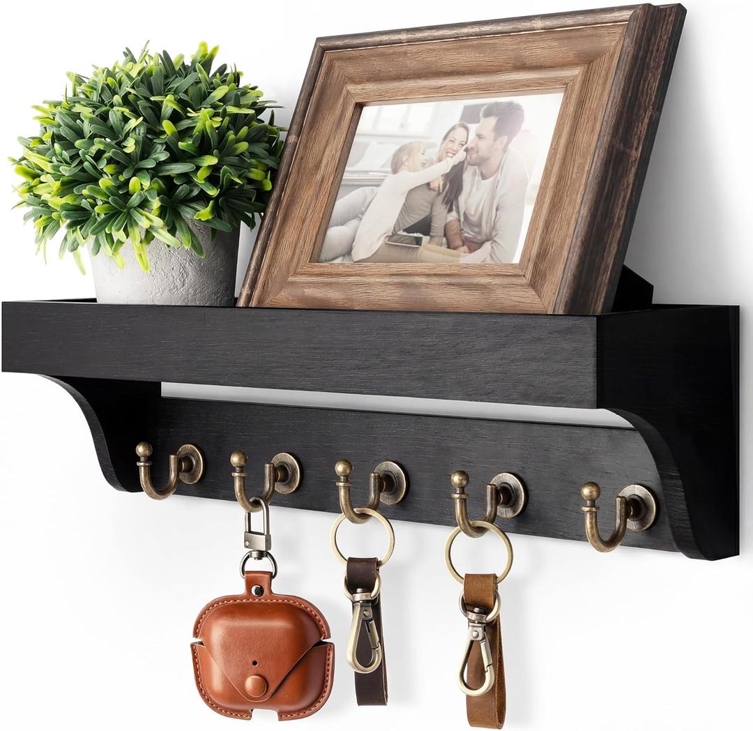 Rebee Vision Key Holder for Wall with Shelf : Decorative Key Organizer with 5 Rustic Keys Hooks and Primitive Wood Mail Organizer Wall Mount - Entryway Dcor (Black)
