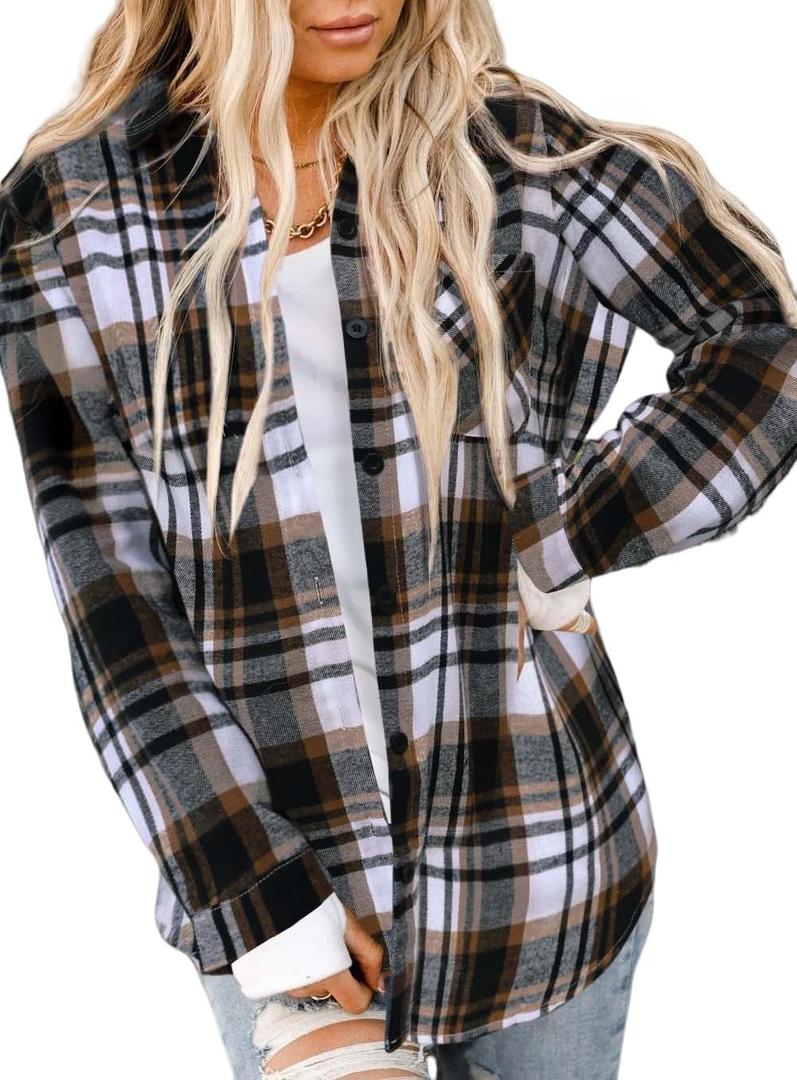 Asiertiy Womens Buffalo Plaid Flannel Shirt Long Sleeve Collar Button Down Blouses Lightweight Tops (XS-4XL) (Brown and Black Plaid)