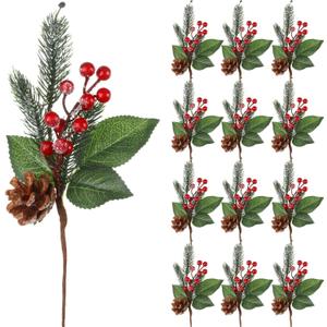 Boao 12 Pcs 11'' Large Christmas Pine Picks Tree Decoration Red Berry Picks and Sprays with Cone Artificial Fake Branches Snowy Floral Flower Holly Pine for Tree Crafts Decor Faux Stem