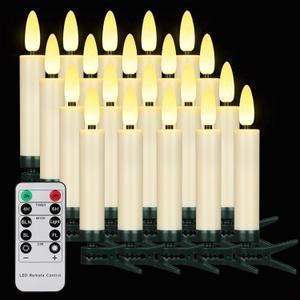 20PCS LED Christmas Tree Candles with Remote and Timer, Waterproof Battery Operated Flameless Flickering Taper Candle Lights, Warm White Electric Fake Candles for Christmas, Home Decoration (Ivory) (20PCS 0.6D x 3.75"H(3D))