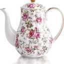 Tea Pot, Porcelain Teapot 37oz,tea pots for tea party,Tea Infuser Pots for Blooming loose Leaf Tea (White with Flower)